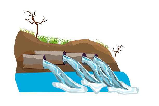 ilustrações de stock, clip art, desenhos animados e ícones de wastewater. water pollution from industrial pipe. - sewage pond