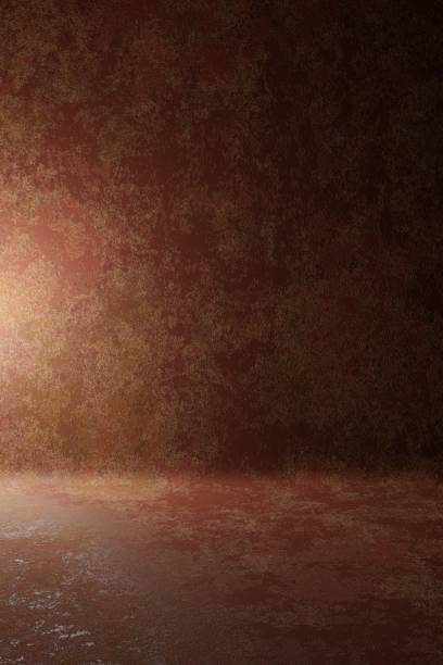 istock Photo studio portrait backdrop. Background painted scratch texture dark brown, rusty with spot light. 3D rendering 1186081238