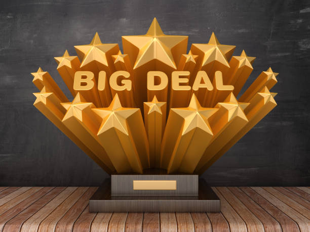 istock Gold Stars with BIG DEAL Phrase on Trophy - Chalkboard Background - 3D Rendering 1186082020