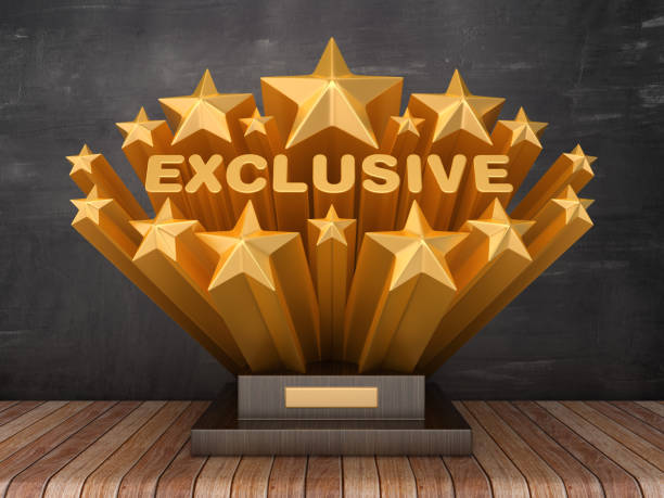 istock Gold Stars with EXCLUSIVE Word  on Trophy - Chalkboard Background - 3D Rendering 1186082874