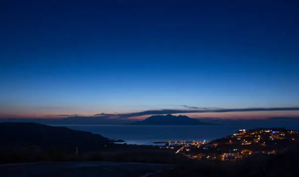 nightview of bademli greek village and samothraki island at gokceada imroz canakkale turkey