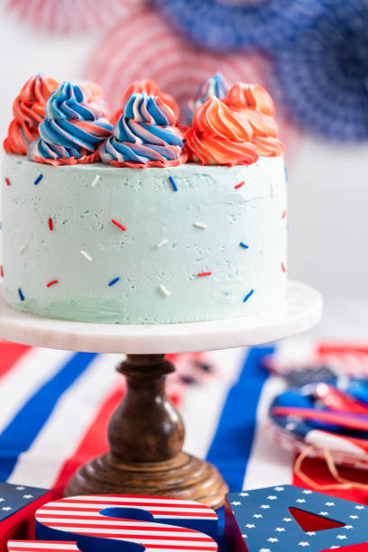 istock Red, white, and blue round vanilla cake 1186083705