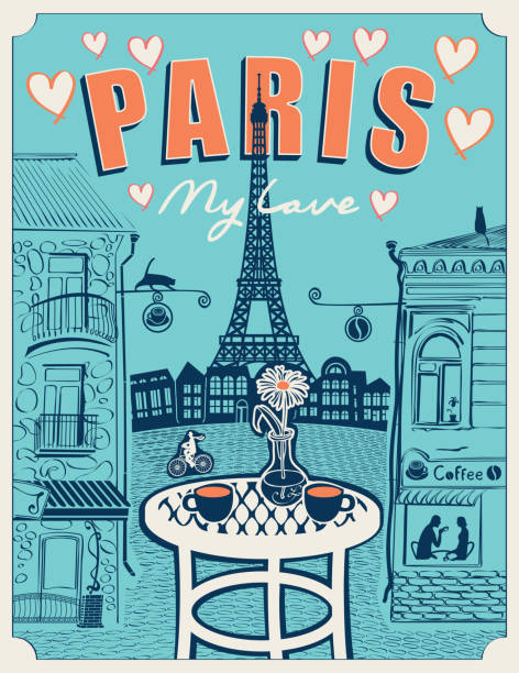 エッフェル塔の景�色を望むパリのストリートカフェ - cafe coffee shop sidewalk cafe menu点のイラスト素材／クリップアート素材／マンガ素材／アイコン素材