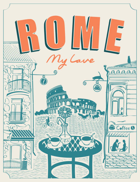 ilustraciones, imágenes clip art, dibujos animados e iconos de stock de café callejero romano con vistas al coliseo - italian culture rome europe cartoon