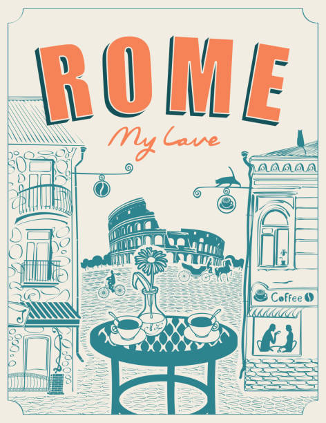 ilustrações, clipart, desenhos animados e ícones de café romano da rua com uma vista do coliseu - italy coliseum rome italian culture