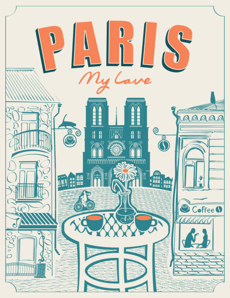 ノートルダムの景色を望むパリのストリートカフェ - cafe coffee shop sidewalk cafe menu点のイラスト素材／クリップアート素材／マンガ素材／アイコン素材