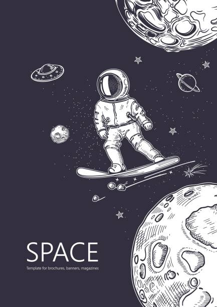 istock Space background. Outline astronaut, planets, satellites, flying saucers. An astronaut is snowboarding among the galaxy. 1186086969