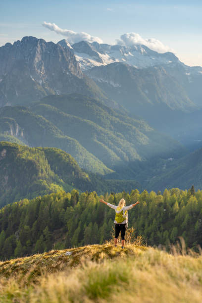 istock Female hiker with raised arms 1186089056