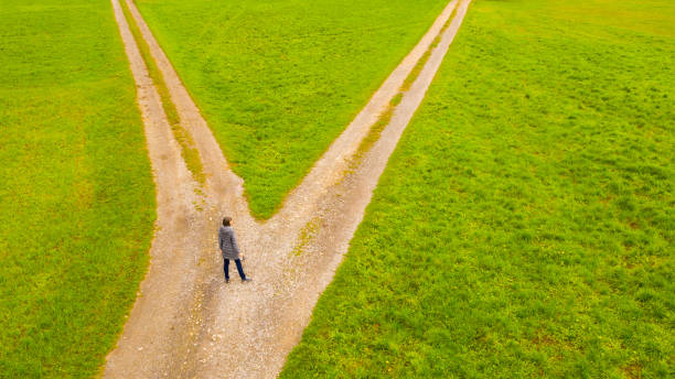 kobieta na skrzyżowaniu. widok z lotu ptaka. - decisions nature road street zdjęcia i obrazy z banku zdjęć