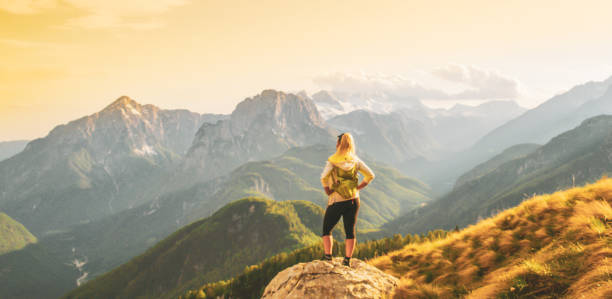 istock Rear view of a single blond female hiker with a backpack standing on a rock formatio 1186089527