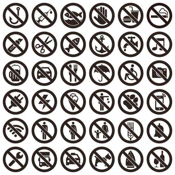 ilustraciones, imágenes clip art, dibujos animados e iconos de stock de conjunto de signos prohibidos - mobile phone telephone exclusion forbidden