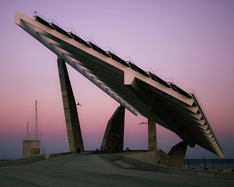 The forum of Barcelona with pink colors of sunset