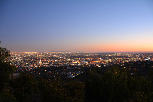Los Angeles city lights after sunset. Twilight time light and sky.