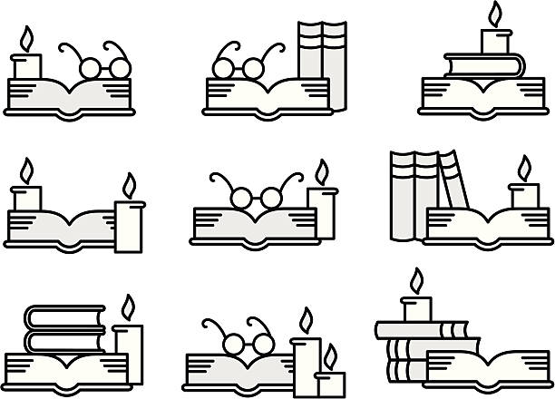 books, candles and glasses vector art illustration