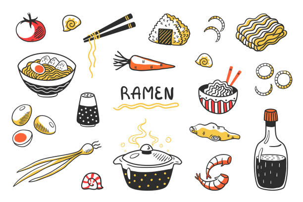 illustrazioni stock, clip art, cartoni animati e icone di tendenza di doodle ramen. zuppa di noodle cinese disegnata a mano con ciotole e ingredienti di bastoncini di cibo. set di schizzi di cibo asiatico vettoriale - roast beef illustrations