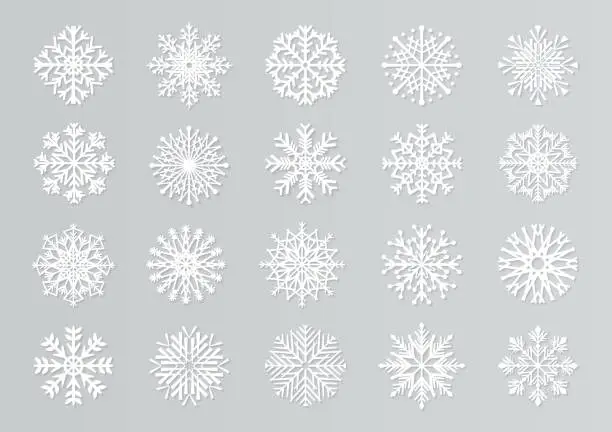 Vector illustration of Paper cut snowflakes. White 3D Christmas design templates for decoration and greeting cards. Vector isolated paper snow set