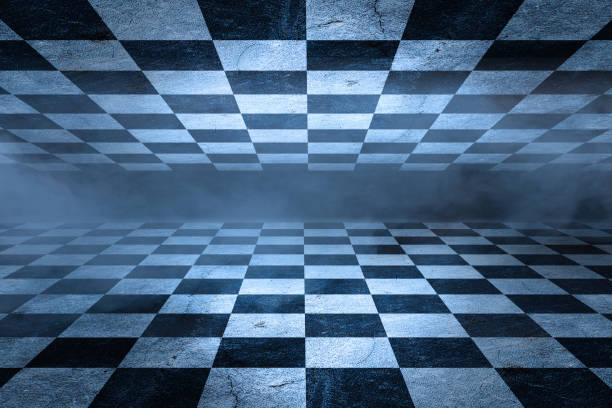 istock Black And White Checker floor Grunge Room. Checker floor empty space 1186104757