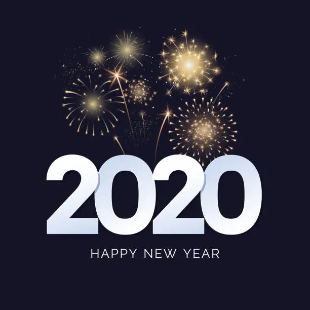 Vector illustration of Happy New Year 2020 greeting card design. 2020 text with festive fireworks explosions isolated on dark background. Congratulation banner. Vector illustration.