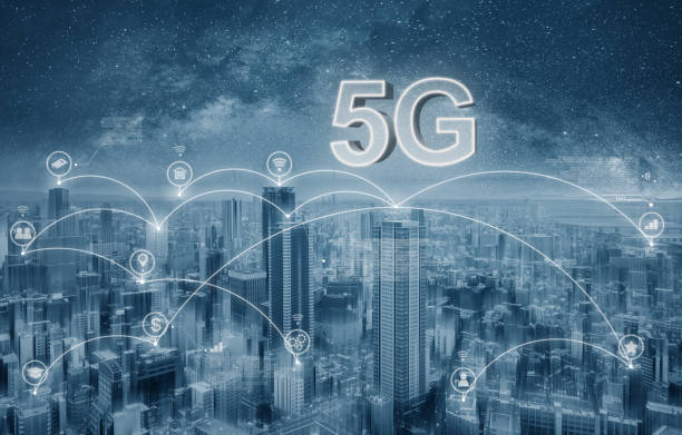 istock Futuristic city with 5G internet and application icons, Smart city 1186106280