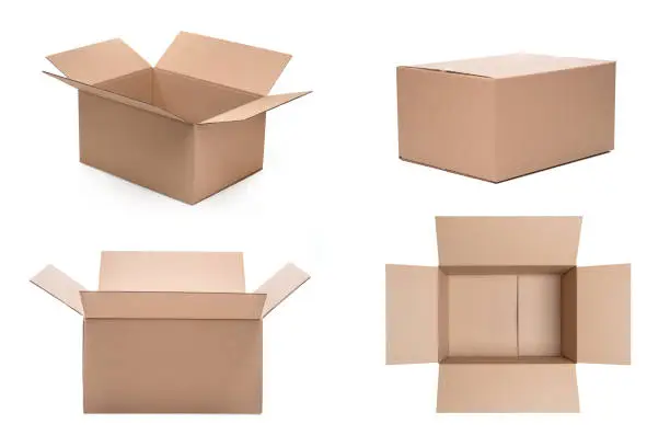 Cardboard boxes in different settings on a white background