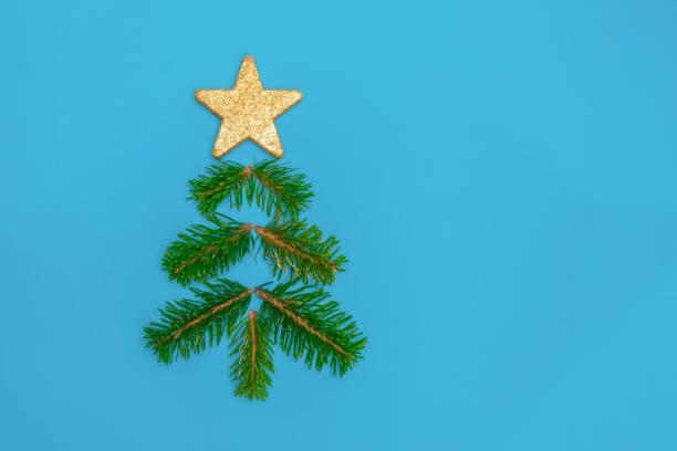 istock Christmas tree made of green pine branches and golden star.  Image with copy space, top view, flat lay 1186106568