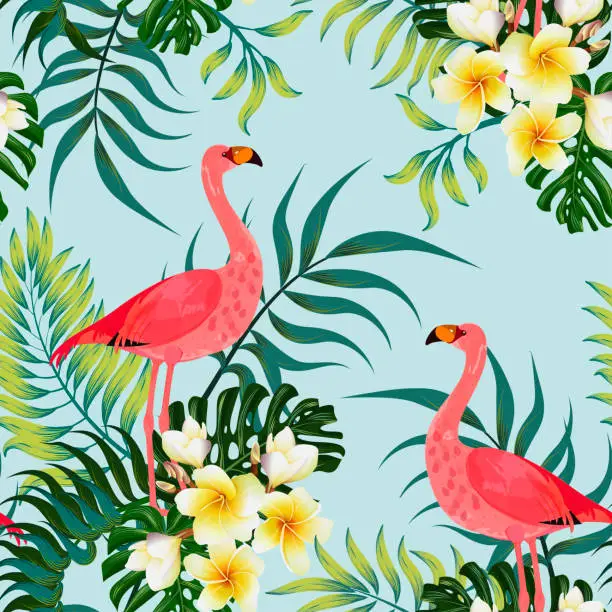 Vector illustration of Seamless tropical pattern with exotic leaves, flowers and flamingos. Bright and summer pattern with с, manstera and frangipani on a blue background. Vector stock illustration.