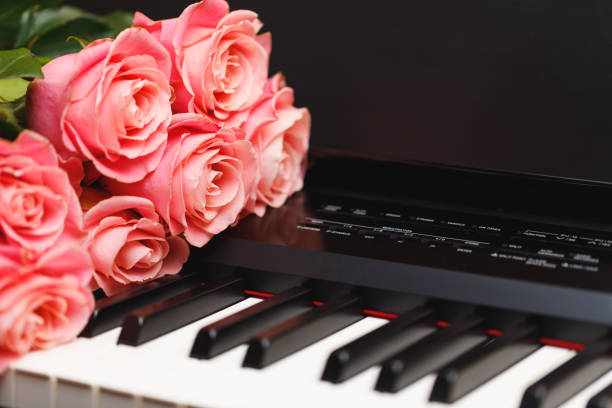 istock pink roses bouquet on electric piano keys 1186107312