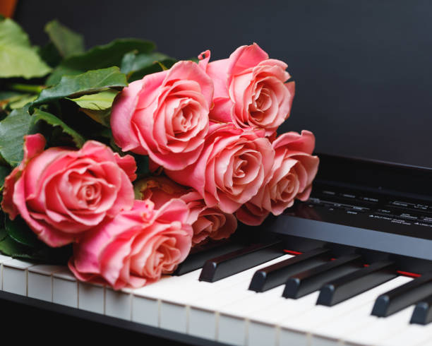 istock pink roses bouquet on electric piano keys 1186107400