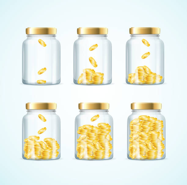 realistische 3d detaillierte geld in jar-set. vektor - einmachglas stock-grafiken, -clipart, -cartoons und -symbole