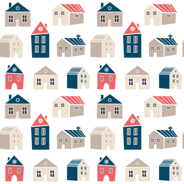 ładny bezszwowy wzór z domami w skandynawskim, nordyckim stylu. ładne tło dla kolekcji dla dzieci. ilustracji. modny styl - seamless house pattern town stock illustrations