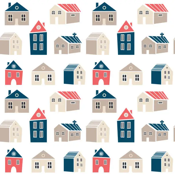 Vector illustration of Cute seamless pattern with houses in Scandinavian, Nordic style. Pretty background for kids collection. illustration. Trendy style