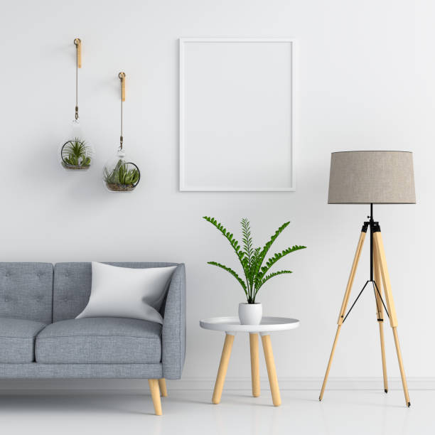 Blank photo frame for mockup in white living room, 3D rendering