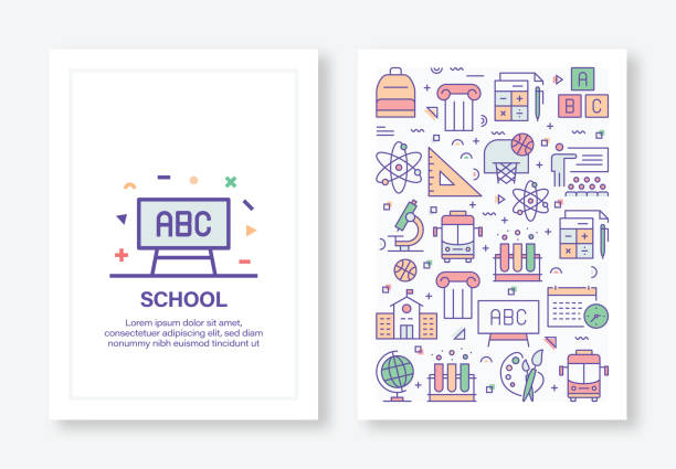 illustrazioni stock, clip art, cartoni animati e icone di tendenza di school concept line style copertina design per rapporto annuale, volantino, brochure. - presentation poster student classroom