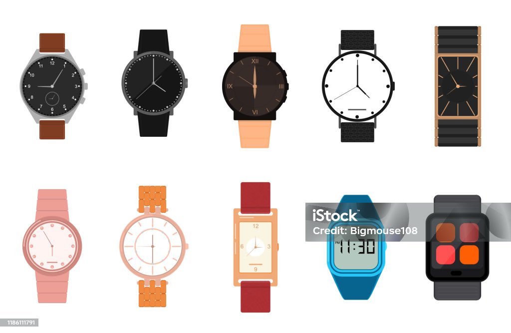 Cartoon Color Different Watches Icon Set. Vettore - arte vettoriale royalty-free di Guardare con attenzione