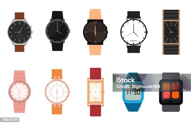 Cartoon Color Different Watches Icon Set Vettore - Immagini vettoriali stock e altre immagini di Guardare con attenzione - Guardare con attenzione, Orologio da polso, Orologio