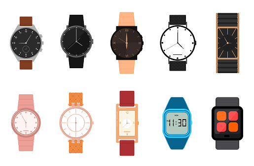 Cartoon Color Different Watches Icon Set Wristwatch Classic Accessory Expensive Luxury Concept for Men and Women. Vector illustration of Icons