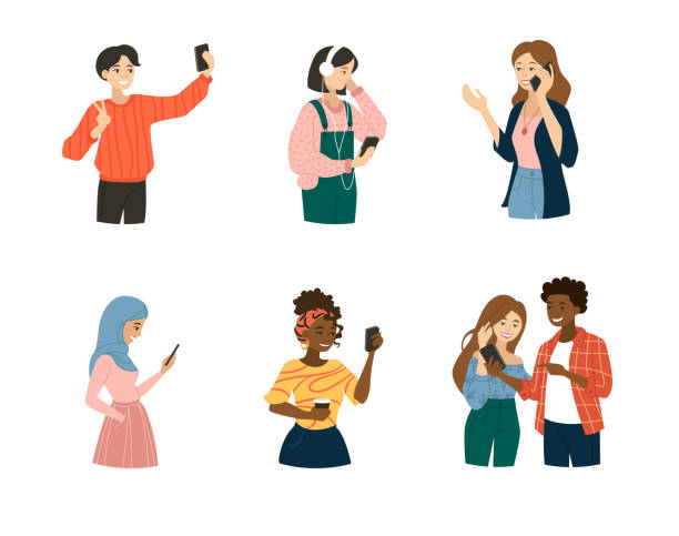 Set of Young People using Smartphones Young People using Smartphones, Chatting, making Selfie and listening Music. Happy Boys and Girls talking and typing on Phone. Female and Male Characters collection. Set of Flat Vector Illustrations adolescence stock illustrations