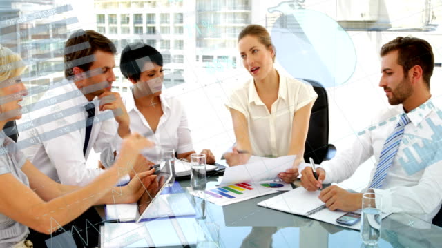 Business people discussing in an office and graphs 4k