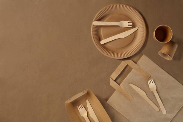 istock Eco friendly disposable tableware. Biodegradable craft dishes. Recycling concept. Also used in fast food, restaurants, takeaways, picnics. Close-up 1186113054