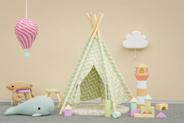 geschlechtsneutrales kinderzimmer-rendering - tipi bett stock-fotos und bilder