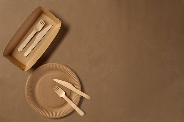 Eco friendly disposable tableware. Biodegradable craft dishes. Recycling concept. Also used in fast food, restaurants, takeaways, picnics. Close-up