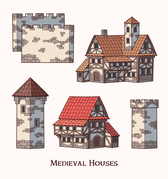 ilustrações de stock, clip art, desenhos animados e ícones de medieval ancient buildings set of different kinds of traditional houses isolated vector illustration - urban scene real estate nobody white