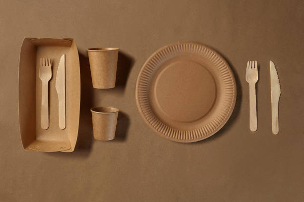 istock Eco friendly disposable tableware. Biodegradable craft dishes. Recycling concept. Also used in fast food, restaurants, takeaways, picnics. Close-up 1186117786