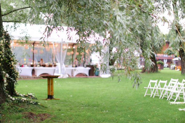 istock White chairs and flower arh for wedding in park 1186118385