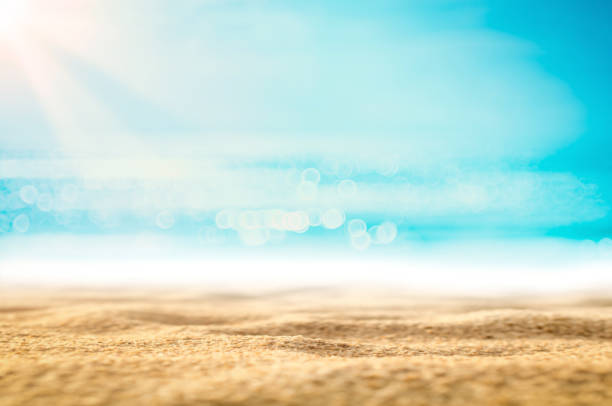 Copy space blur tropical beach with bokeh sun light wave on blue sky and white cloud abstract background. Summer vacation outdoor and travel holiday adventure concept. Vintage tone filter effect color.