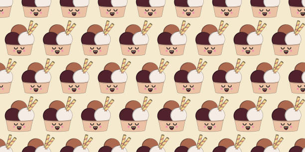 ilustraciones, imágenes clip art, dibujos animados e iconos de stock de patrón sin costuras vectorial de helado con diferentes colores. bolas de helado de chocolate con obleas. - vector - amaia