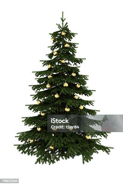 Foto de Árvore De Natal Com Bolas De Ouro Isolado No Fundo Branco e mais fotos de stock de Bola de Árvore de Natal