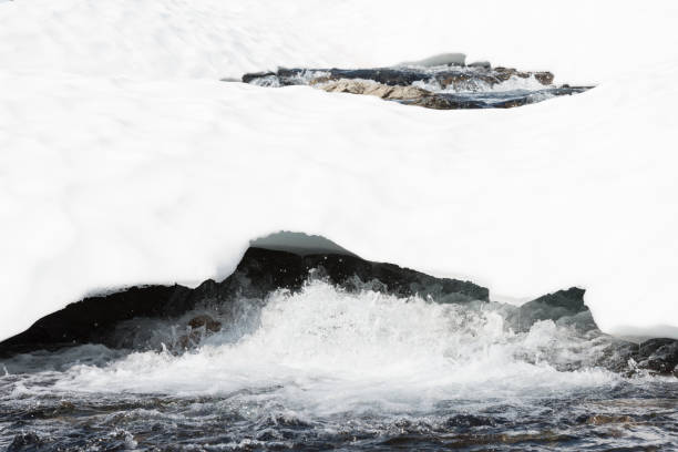 Stream of melting ice and snow sends splashes of water out in the air from underneath the edge of a glacier during the short summer in the high mountains of Jotunheimen National Park in Norway (before the first snow of the winter season start falling).