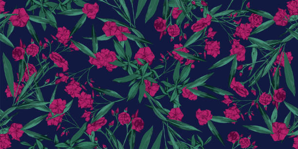 ilustraciones, imágenes clip art, dibujos animados e iconos de stock de verano alegre floral sin costura patrón de fondo de pantalla- adelfa caliente rosa y flores verdes sobre fondo azul oscuro - vector - amaia