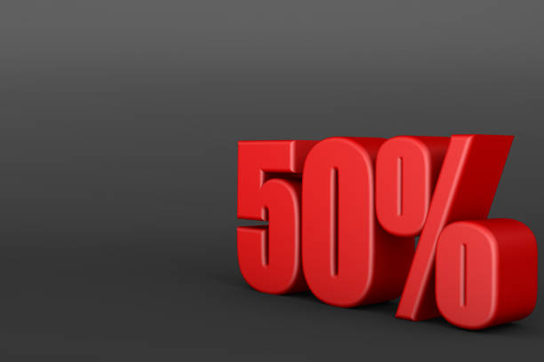 istock 3d rendering of red 50% sign on black background. 1186130605